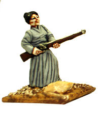 Woman firing musket from hip  